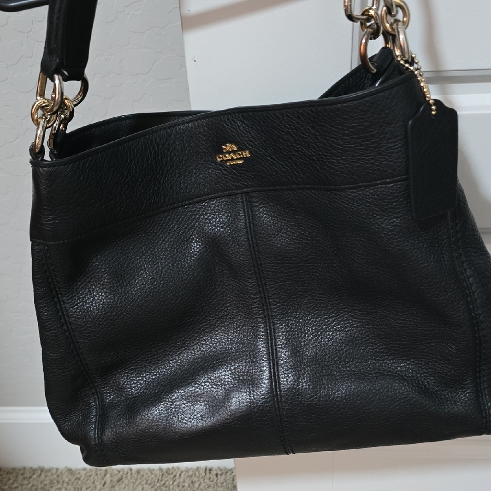 Coach Black Leather Shoulder Bag with Gold Details